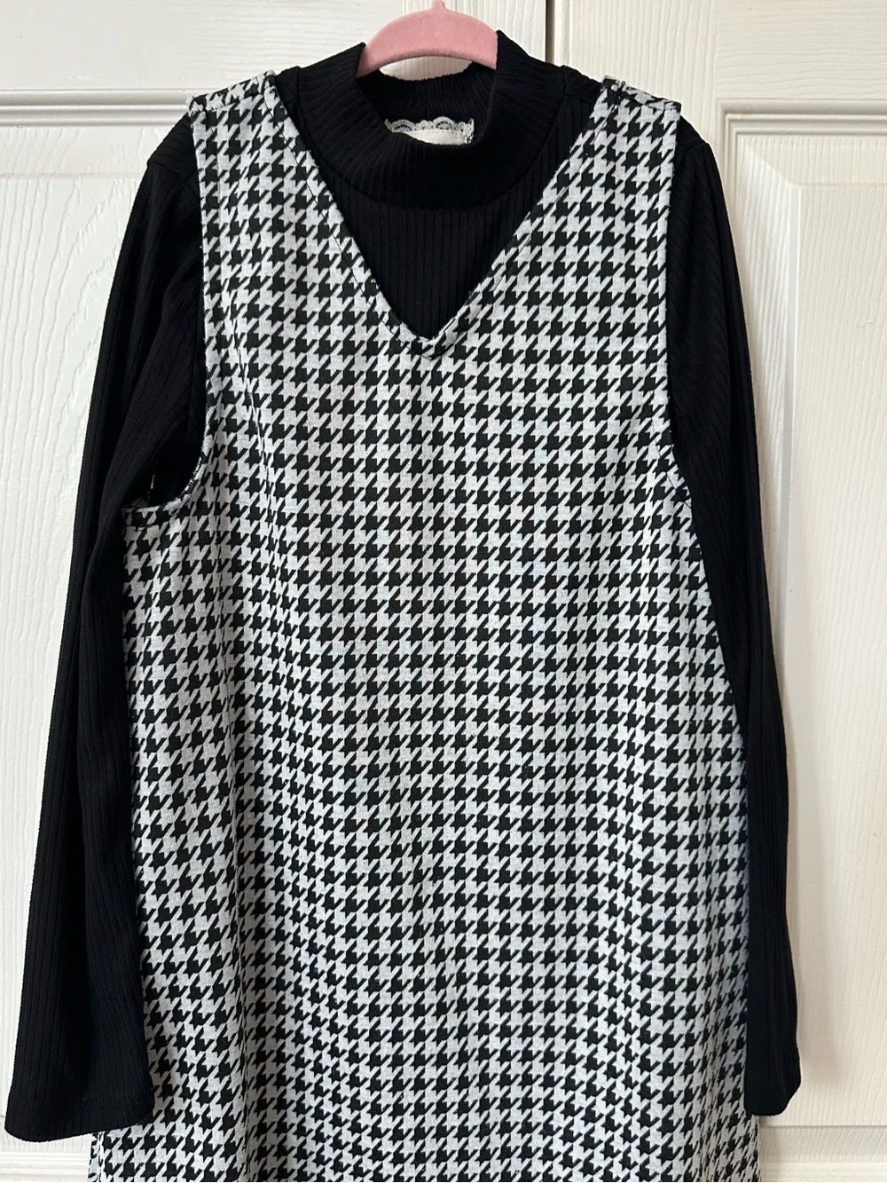 Btween - Black & White Houndstooth V-Neck Dress with Black Long Sleeve